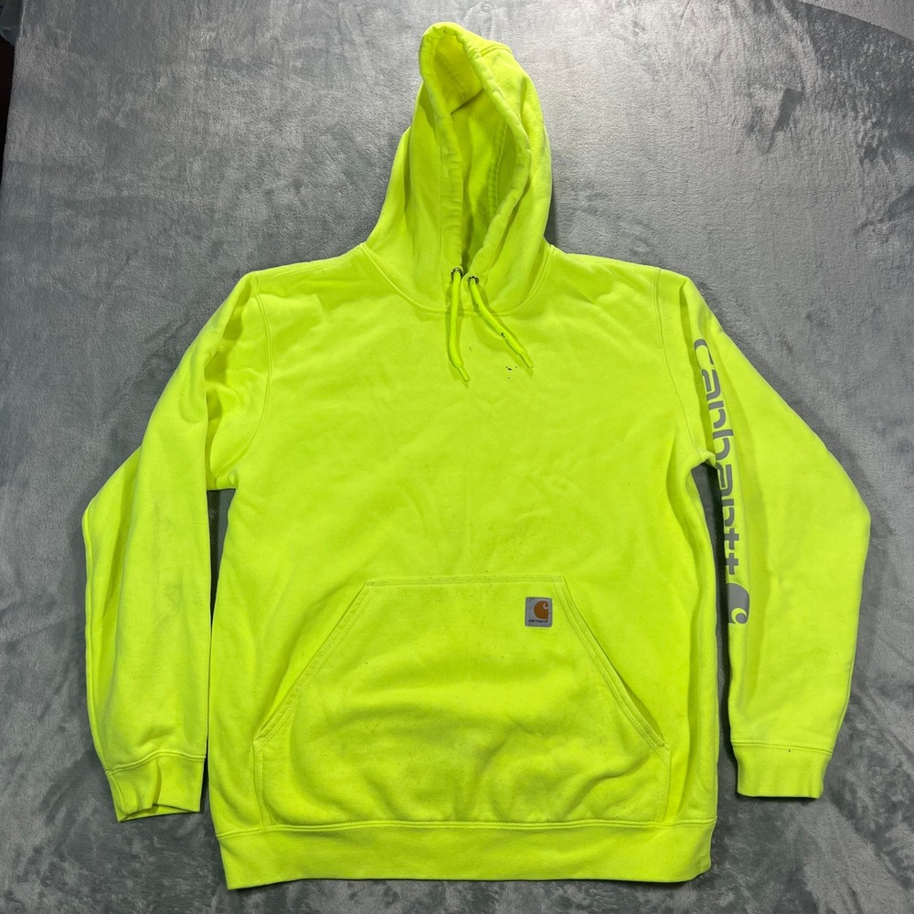 Carhartt K288 Pullover Hoodie Men L Neon Yellow Loose Fit Sleeve Logo Hi Vis